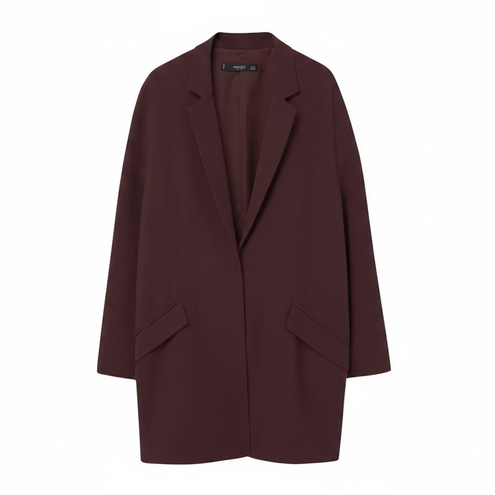 Mango Blazer Women Size M Burgundy Basics Oversized Open Front Longline Jacket